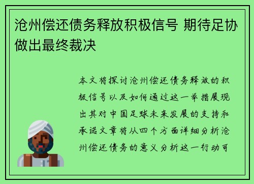 沧州偿还债务释放积极信号 期待足协做出最终裁决